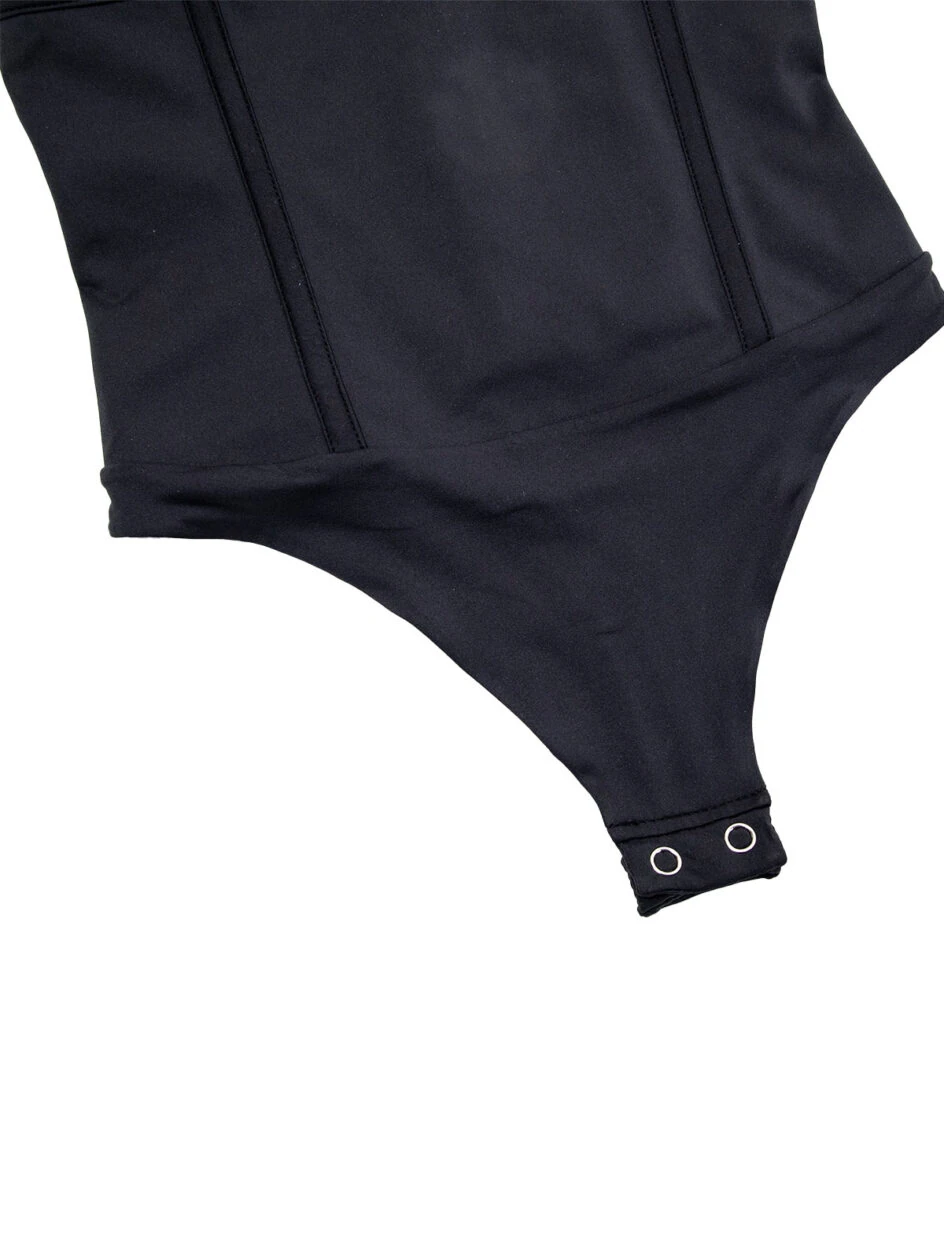 A-flat-lay-image-focusing-on-the-thong-style-bottom-section-of-the-black-Corset-Cami-Thong-Bodysuit,-with-visible-crotch-closure-hooks.