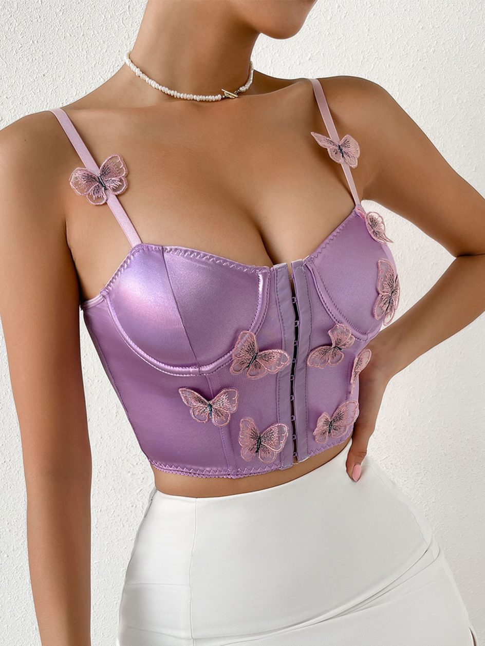 Maßgefertigtes, violettes Satin-Camisole-Korsett-Top mit Spaghettiträgern HG523006