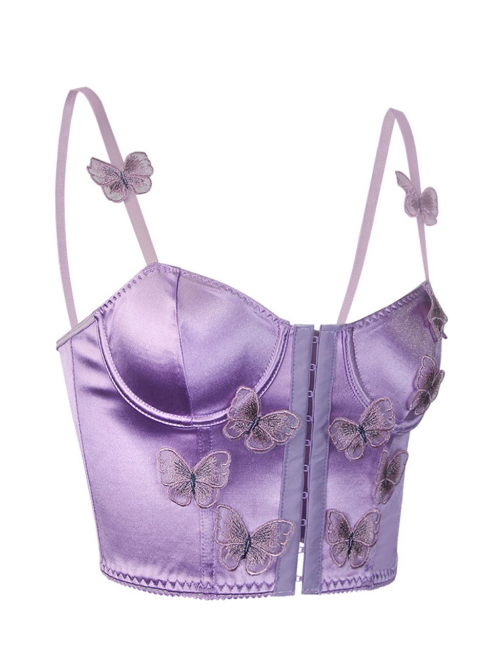 Maßgefertigtes, violettes Satin-Camisole-Korsett-Top mit Spaghettiträgern HG523006