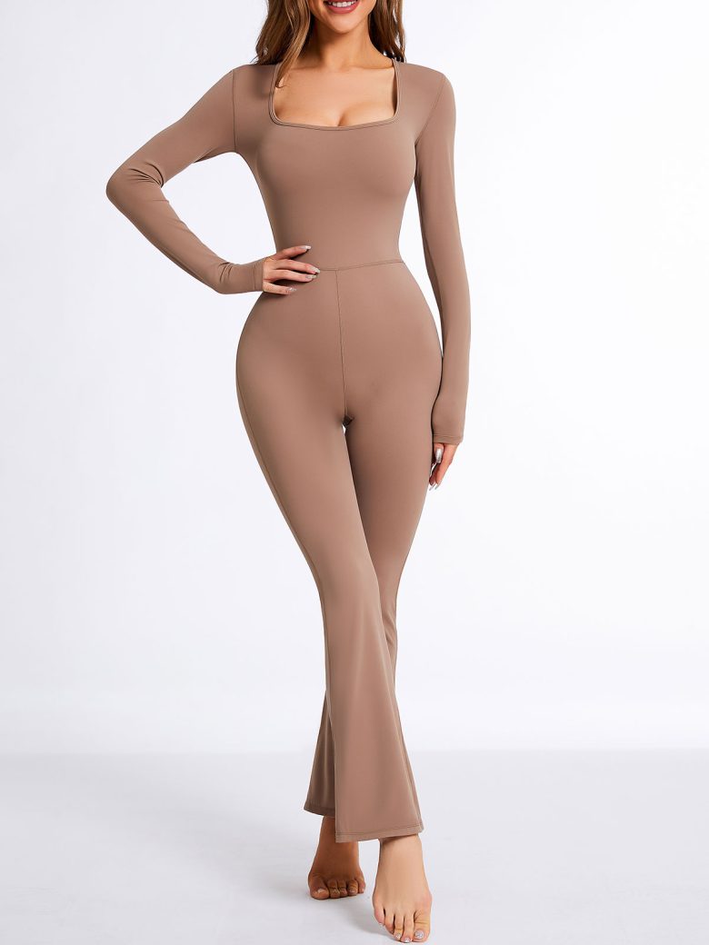 Custom Long Sleeve Flare Leg Jumpsuits Square Neck Full Length Romper MH133838K