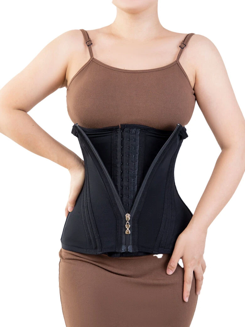 Zip-up latex waist trainer with hook closure