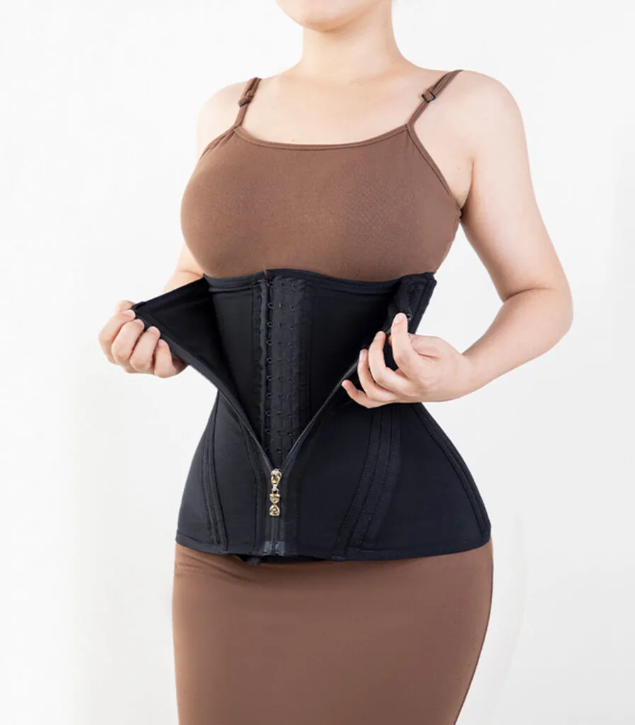 Zip-up latex waist trainer with hook closure