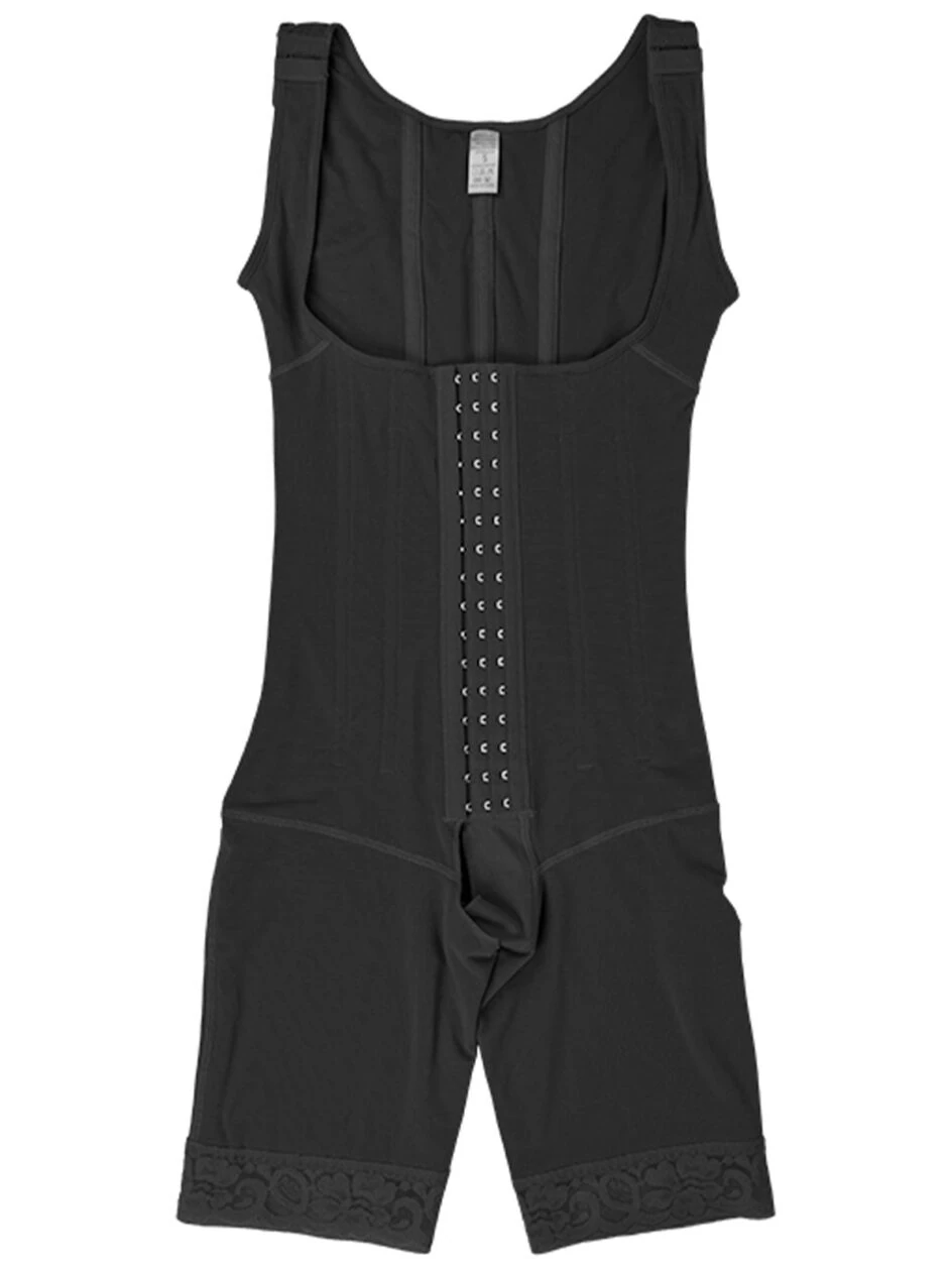 Black-faja-bodysuit-with-hook-and-eye-front-closure,-flat-lay-front-view