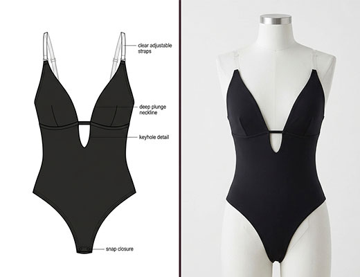 Black deep plunge thong bodysuit with keyhole cutout and clear straps on female model