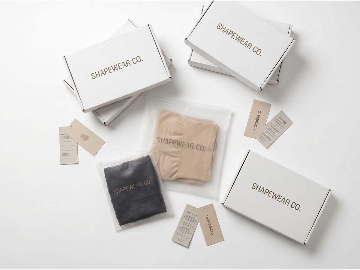Individuell bedruckte Polybeutel und Geschenkboxen für die Verpackung von Shapewear unter Eigenmarken