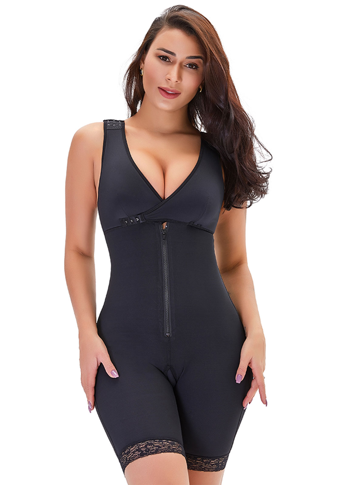 Body modelant noir arrivant à mi-cuisse avec soutien-gorge intégré — vue détaillée