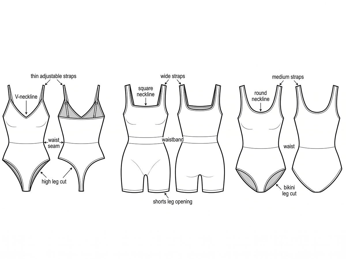 Konstruktionsdetails eines nahtlosen Shapewear-Bodys mit verschiedenen Ausschnitt- und Beinausschnittvarianten